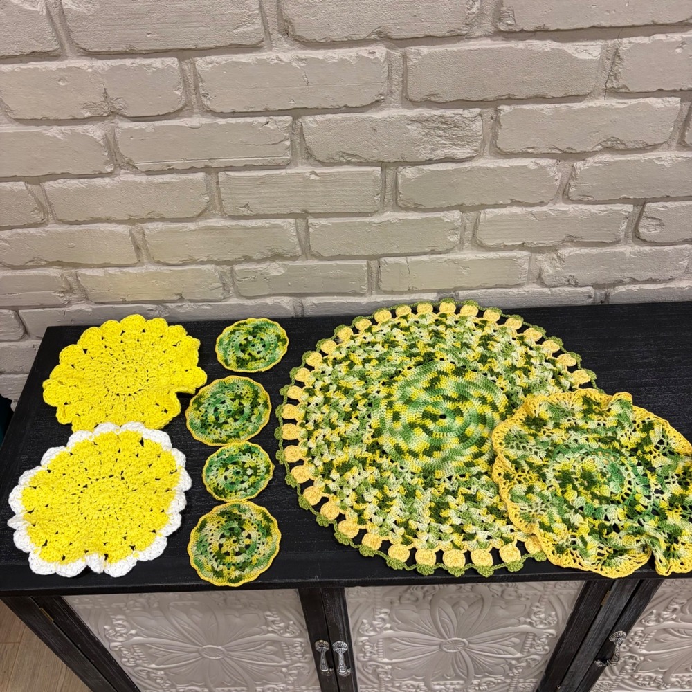 Lot of Vintage Handmade Crochet Doilies Pot Holders Coasters Yellow Green 8pc